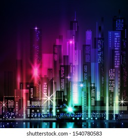 Night city illustration with neon glow and vivid colors. illustration with architecture, skyscrapers, megapolis, buildings, downtown.