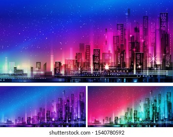 Night city illustration with neon glow and vivid colors. illustration with architecture, skyscrapers, megapolis, buildings, downtown.