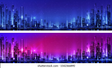 Night city illustration with neon glow and vivid colors. illustration with architecture, skyscrapers, megapolis, buildings, downtown.