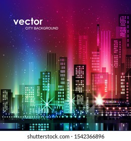 Night city illustration with neon glow and vivid colors. illustration with architecture, skyscrapers, megapolis, buildings, downtown.