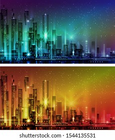 Night city illustration with neon glow and vivid colors. illustration with architecture, skyscrapers, megapolis, buildings, downtown.