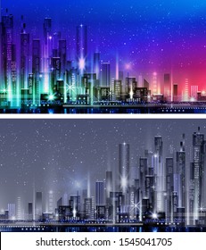 Night city illustration with neon glow and vivid colors. illustration with architecture, skyscrapers, megapolis, buildings, downtown.