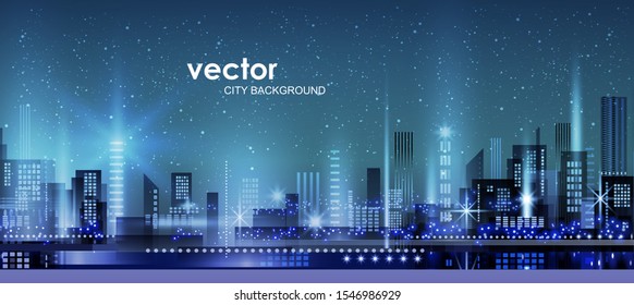 Night city illustration with neon glow and vivid colors. illustration with architecture, skyscrapers, megapolis, buildings, downtown.