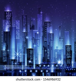 Night city illustration with neon glow and vivid colors. illustration with architecture, skyscrapers, megapolis, buildings, downtown.