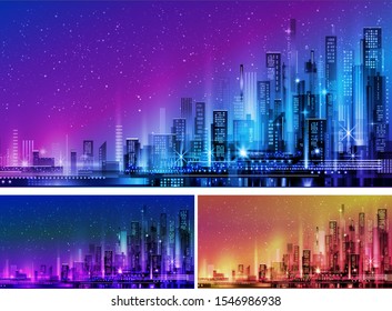 Night city illustration with neon glow and vivid colors. illustration with architecture, skyscrapers, megapolis, buildings, downtown.