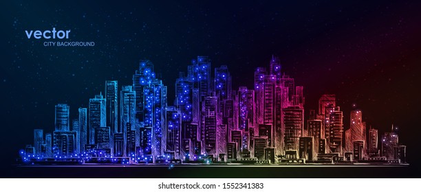Night city illustration with neon glow and vivid colors. illustration with architecture, skyscrapers, megapolis, buildings, downtown.