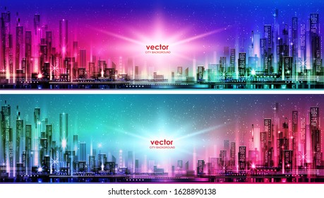 Night city illustration with neon glow and vivid colors. illustration with architecture, skyscrapers, megapolis, buildings, downtown.