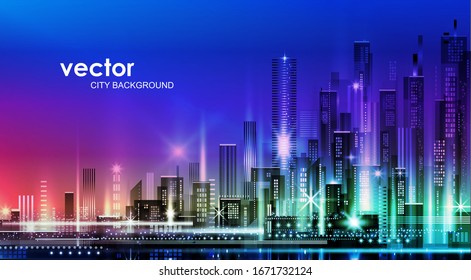 Night city illustration with neon glow and vivid colors. illustration with architecture, skyscrapers, megapolis, buildings, downtown.