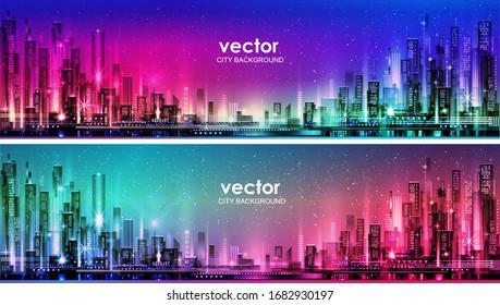 Night city illustration with neon glow and vivid colors. illustration with architecture, skyscrapers, megapolis, buildings, downtown.