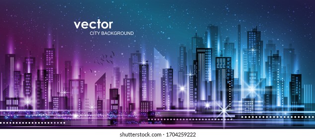 Night city illustration with neon glow and vivid colors. illustration with architecture, skyscrapers, megapolis, buildings, downtown.