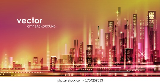 Night city illustration with neon glow and vivid colors. illustration with architecture, skyscrapers, megapolis, buildings, downtown.