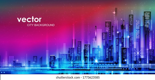 Night city illustration with neon glow and vivid colors. illustration with architecture, skyscrapers, megapolis, buildings, downtown.