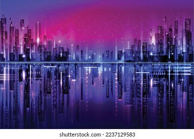 Night city illustration with neon glow and vivid colors. illustration with architecture, skyscrapers, megapolis, buildings, downtown