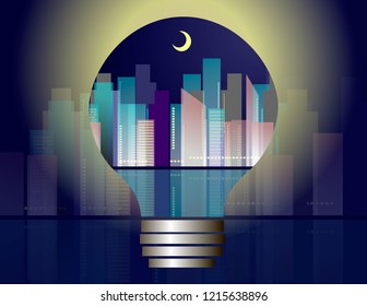 Night city inside the light bulb
