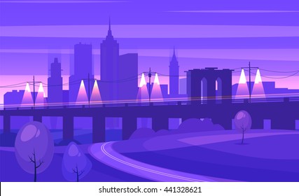 Night city landscape with bridge and road. Vector design illustration for web design development, natural landscape graphics.