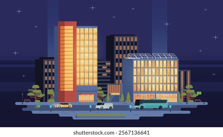 Night City Landscape with Buildings and Street Elements. Urban Building Scene. Editable Vector Illustration