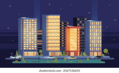 Night City Landscape with Buildings and Street Elements. Urban Building Scene. Editable Vector Illustration