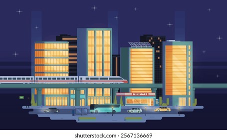 Night City Landscape with Buildings and Street Elements. Urban Building Scene. Editable Vector Illustration