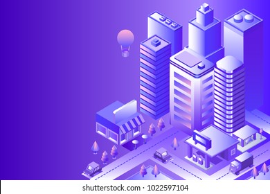 Night city landscape. Cityscape 3d vector isometric. Skyline scene. Smart city: skyscraper, building, architecture, car, shop, street, road, coffee. Technology in megapolis. Background with gradient.