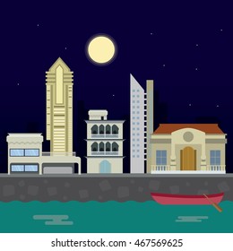Night city landscape. cityscape, modern city with vector flat illustration. night background design.