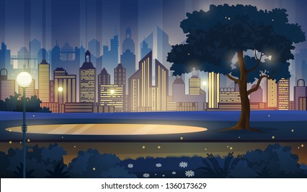 Night city landscape, cityscape vector background.