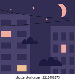 Night city landscape with clouds and sky. House silhouettes with the lights on in the windows. Vector illustration on dark background.