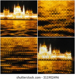 Night city landscape. Collection of abstract multicolored backgrounds. Natural geometrical patterns. Triangular and hexagonal style vector illustration.