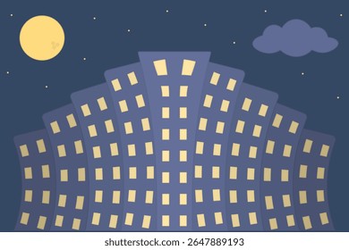 Night city landscape. Color vector illustration. Multi-storey apartment building with many luminous windows. Full moon, cloud and stars in the sky. Isolated white background. Cartoon style. 