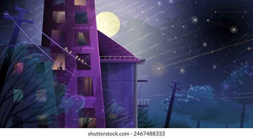 Night city landscape with full moon and buildings roof, midnight or evening dark background. Colorful skyline wallpaper with night sky over neighbourhood. Vector background in watercolor style..