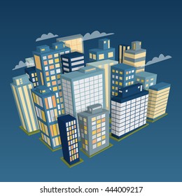 Night city landscape. Isometric view. Cartoon vector illustration