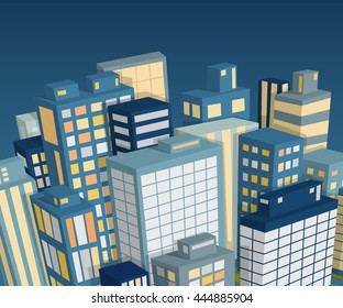 Night city landscape. Isometric view. Cartoon vector illustration Vector de stock