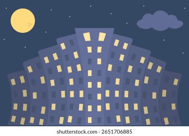 Night city landscape. Lights are on in some windows. Color vector illustration. Multi-storey apartment building. Full moon, cloud and stars in the sky. Isolated white background. Cartoon style.