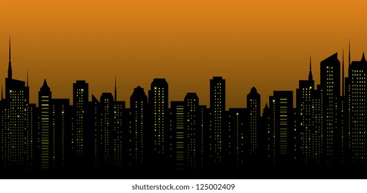 night city landscape and many tall skyscrapers on the street