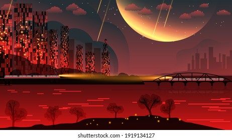 night city landscape. night metropolis on the coast of the bay, with skyscrapers, trains, bridge, under the night sky with a huge moon, stars, clouds. author's work. vector 