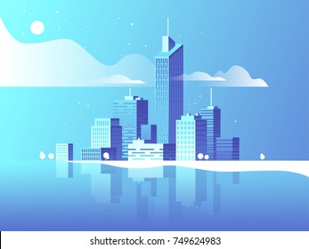 Night city landscape. Modern architecture, buildings, skyscrapers. Flat vector illustration. 3d style.