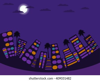 Night city landscape. Moon and cloud. Vector illustration.