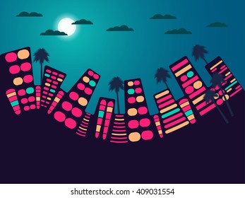 Night city landscape. Moon and cloud. Vector illustration.