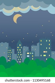 Night city landscape with the moon. Flat style vector illustration. EPS 10. 1
