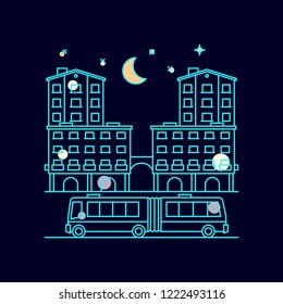 Night city landscape with moon, stars and homes, bus, vector illustration