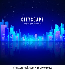 Night city landscape with neon glow and bright colors. Silhouette of futuristic town with reflection. Retro style 80s. Vector illustration