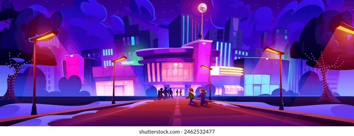 Night city landscape with neon glow effect. Cartoon vector illustration of road leading to large illuminated mall. Two kids in Santa hats running to store. People near bright luminous building.