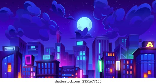 Nachtstadtlandschaft mit Neonleuchten auf Schildern, Wolken und Mond am Himmel unter Dächern. Cartoon Vektorgrafik von horizontalem Banner - urbane Skyline oder Panorama mit hohen Gebäuden.