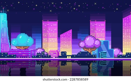 Night city landscape neon pixel background with hight buildings silhouette and stars in dark sky. Pixelated evening cityscape neon for video game design pixel nighttime with modern skyscrapers