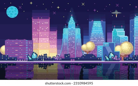 Night city landscape neon pixel background with hight buildings silhouette and stars in dark sky. Pixelated evening cityscape neon for video game design pixel nighttime with modern skyscrapers