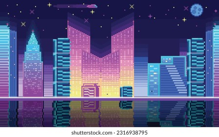 Night city landscape neon pixel background with hight buildings silhouette and stars in dark sky. Pixelated evening cityscape neon for video game design pixel nighttime with modern skyscrapers