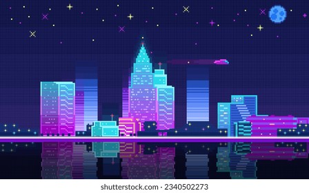 Night city landscape neon pixel background with hight buildings silhouette and stars in dark sky. Pixelated evening cityscape neon for video game design pixel nighttime with modern skyscrapers