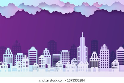 Night City landscape in papercut style. Violet and blue gradient paper cut office residential buildings and evening cloudy sky for city ecology brochures. Vector card architecture horizontal panorama