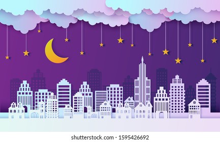 Night city landscape in papercut style. Violet and blue gradient paper cut office residential buildings and evening cloudy sky with moon and stars on rope, vector card architecture horizontal panorama