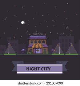 Night City Landscape. Park. Closed Shop Or Restaurant. Vector Flat Illustration