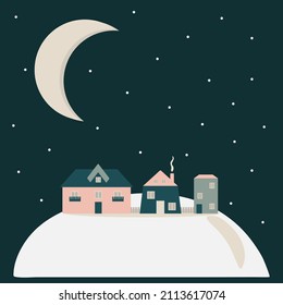 Night city, landscape, scandi houses, xmas, moon, christmas postcard